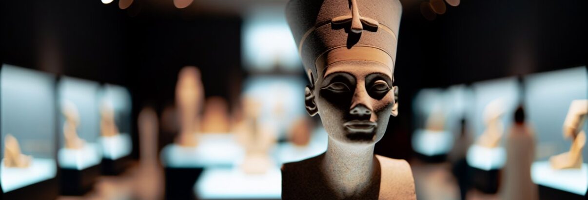 Un buste en pierre de Néfertiti exposé dans un musée.