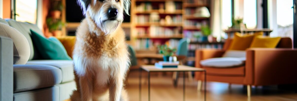 Un chien de race indéfinie, assis calmement sur un tapis coloré dans le salon d'une maison lumineuse et chaleureuse.