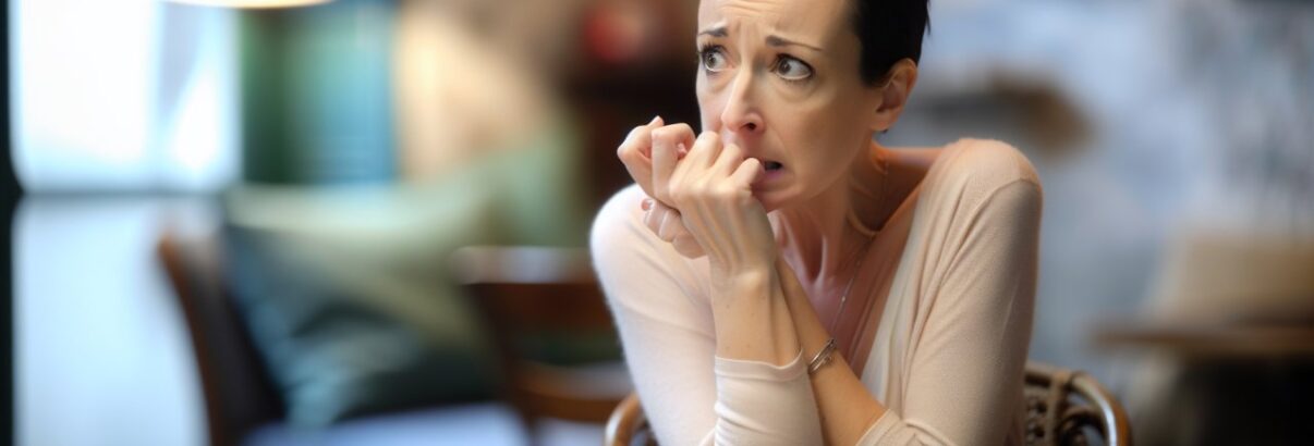 Une femme assise à une table, le regard inquiet, en train de se ronger les doigts.