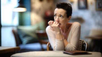 Une femme assise à une table, le regard inquiet, en train de se ronger les doigts.