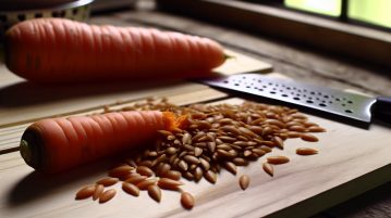 Des graines de carotte éparpillées sur une surface en bois avec une carotte entière à côté.