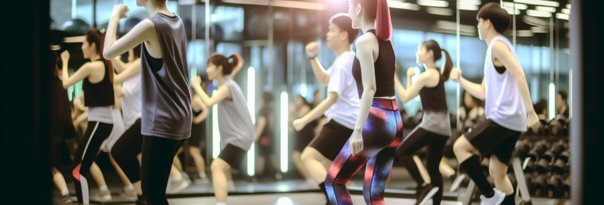Un groupe de jeunes femmes en tenue de sport, en plein exercice de fitness dans une salle de gym.