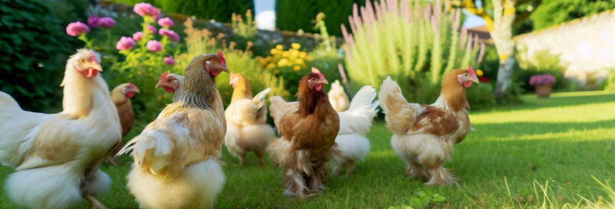 Un groupe de poules se promenant librement dans un jardin verdoyant.