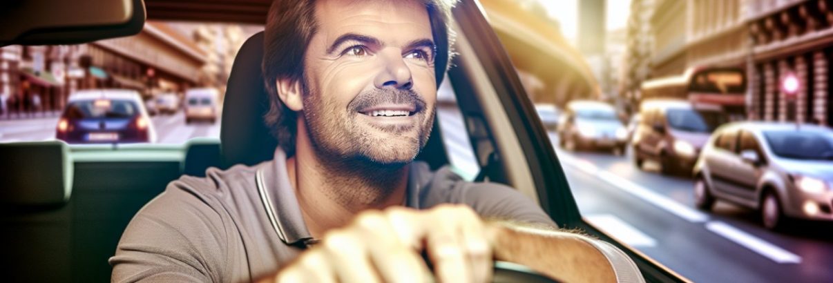 Un homme détendu au volant de sa voiture, souriant et regardant la route devant lui.