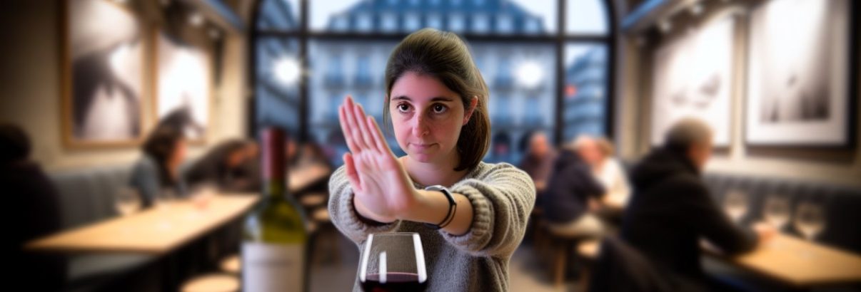 Une jeune femme assise à une table, refusant avec un geste de la main une proposition de verre de vin par un ami.