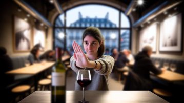 Une jeune femme assise à une table, refusant avec un geste de la main une proposition de verre de vin par un ami.