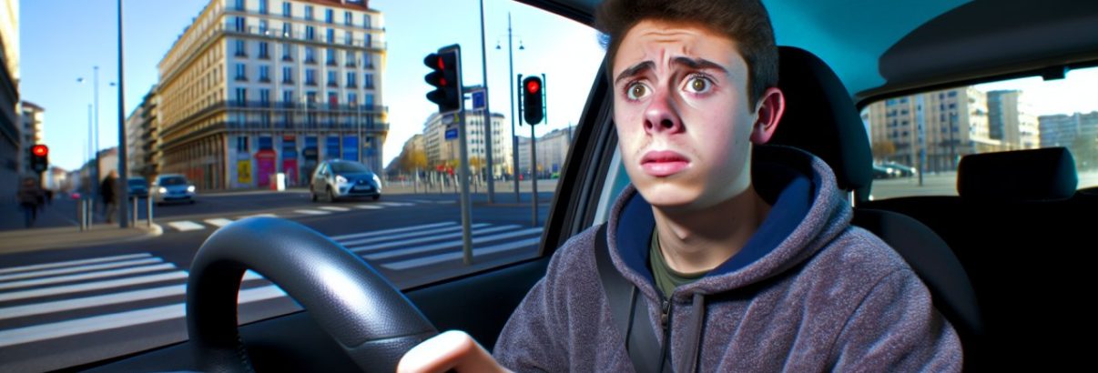 Un jeune homme assis derrière le volant d'une voiture, avec une expression inquiète sur son visage.