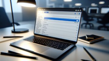 Un ordinateur portable ouvert avec une interface de messagerie sur l'écran.