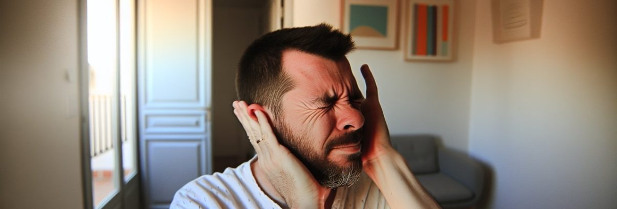 Une personne tenant ses oreilles comme si elle ressentait une pression ou une douleur.