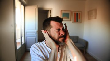 Une personne tenant ses oreilles comme si elle ressentait une pression ou une douleur.