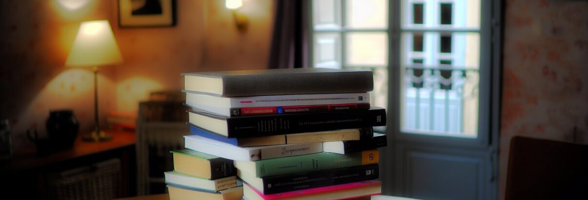Une pile de livres de différents genres sur une table.