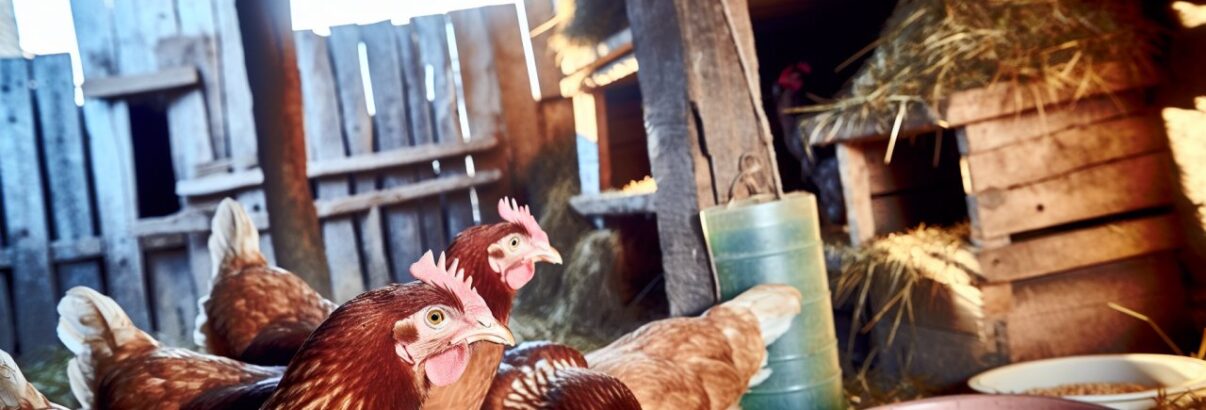 Des poules dans un poulailler en train d'être nourries.
