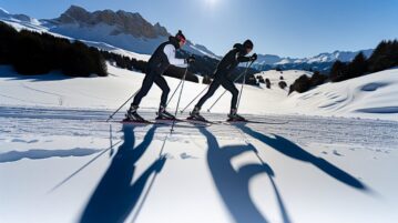 Des skieurs de fond en pleine action dans un paysage montagneux enneigé.
