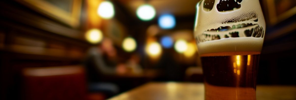 Un verre de bière à moitié plein posé sur une table.