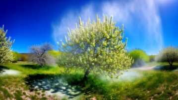 Des arbres en fleurs libérant des nuages de pollen dans l'air.
