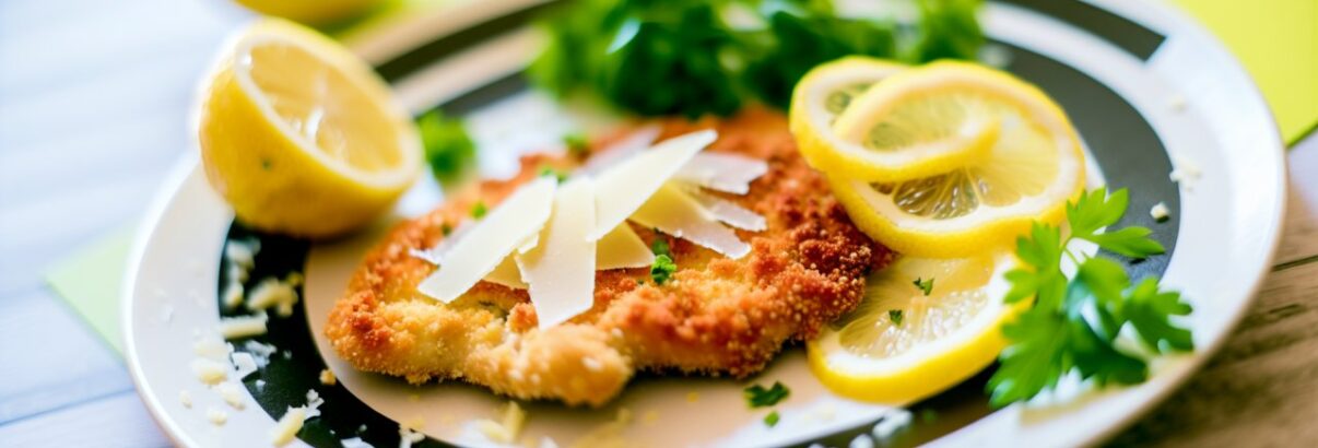 Une assiette contenant une escalope de poulet panée au parmesan, accompagnée de quelques tranches de citron et de persil frais.