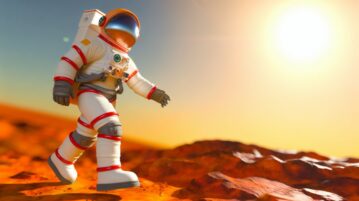Un astronaute en combinaison spatiale marchant sur un terrain rocheux rougeâtre, symbolisant la surface de Mars.