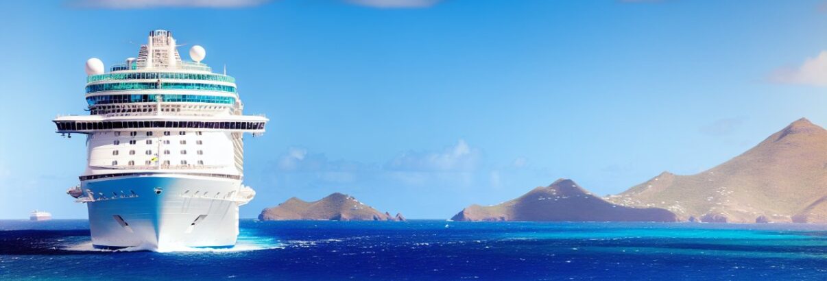 Un bateau de croisière naviguant sur les eaux turquoise des Caraïbes avec un ciel bleu et des îles en arrière-plan.