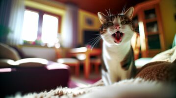 Un chat en train de miauler en regardant directement vers la caméra.
