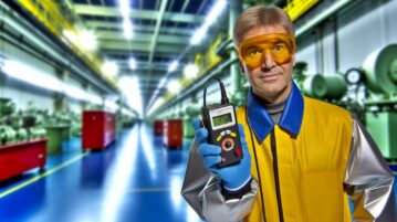 Un compteur Geiger tenu à la main dans un environnement industriel.