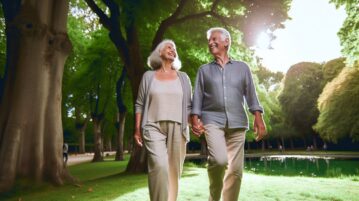 Un couple de personnes âgées se promenant main dans la main avec des sourires radieux sur leurs visages.