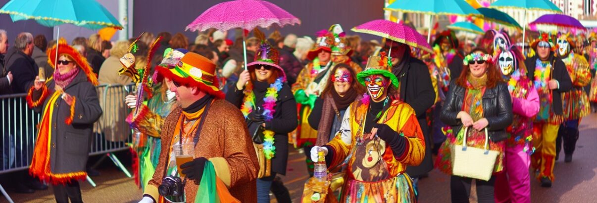 Une foule colorée et joyeuse défilant dans les rues de Dunkerque lors du carnaval, avec des costumes traditionnels et des parapluies décorés.
