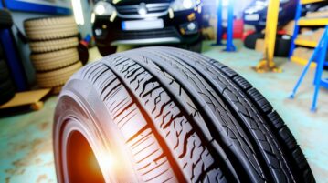 Un gros plan d'un pneu de voiture montrant en détail la texture et les rainures.