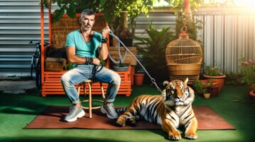Un homme en tenue décontractée, assis sur un tabouret en plein air, tenant en laisse un tigre adulte couché paisiblement à ses pieds.