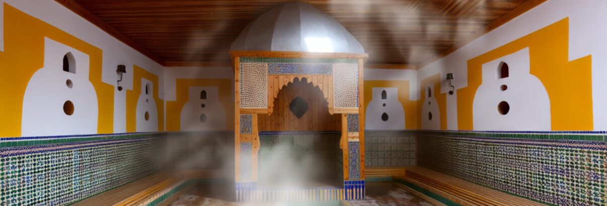 Un intérieur de hammam traditionnel avec de la vapeur s'élevant du sol.