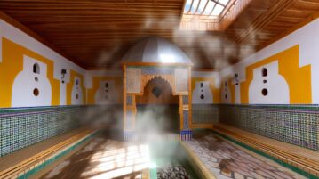 Un intérieur de hammam traditionnel avec de la vapeur s'élevant du sol.