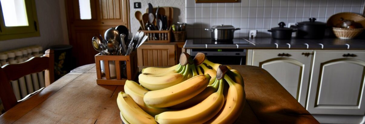 Un plateau de bananes mûres et juteuses posé sur une table de cuisine en bois.