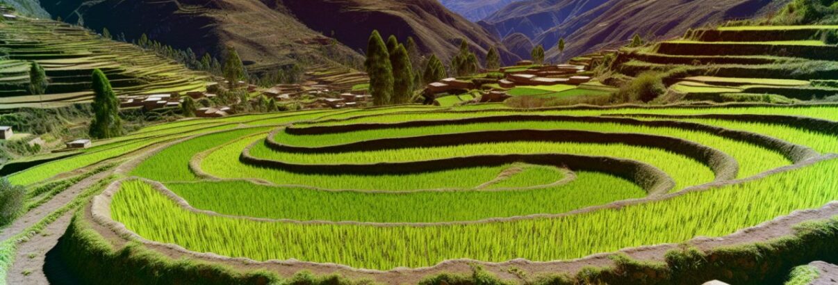 Des terrasses agricoles andines traditionnelles, appelées Waru Waru, en forme de cercle, avec des cultures verdoyantes.