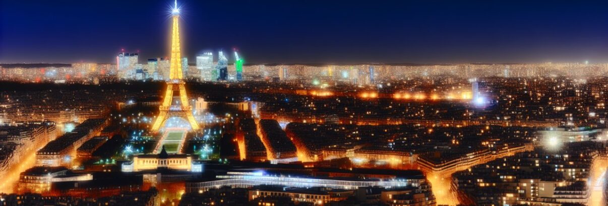 Une vue panoramique de Paris illuminée la nuit, avec ses quartiers animés et la Tour Eiffel scintillante.