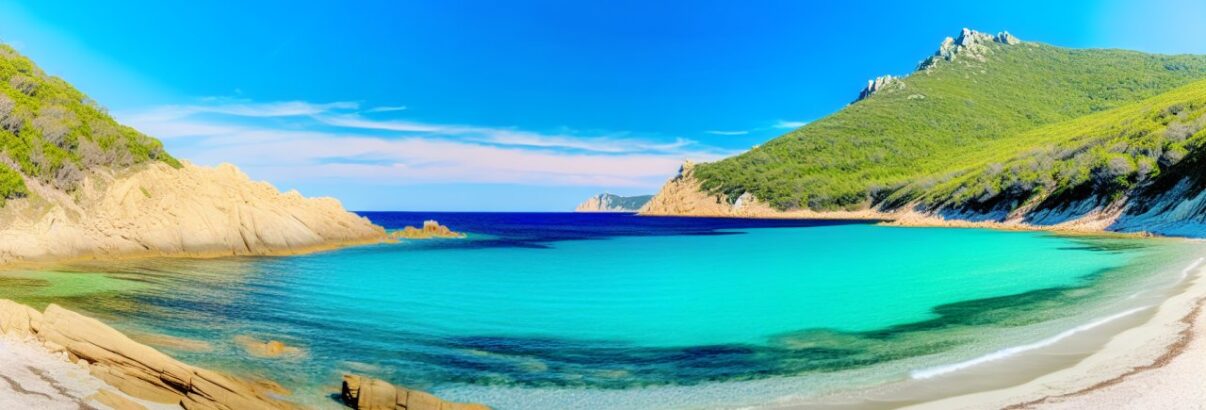Une vue panoramique d'une plage isolée en Corse avec des eaux turquoise et des falaises verdoyantes en arrière-plan.
