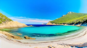Une vue panoramique d'une plage isolée en Corse avec des eaux turquoise et des falaises verdoyantes en arrière-plan.
