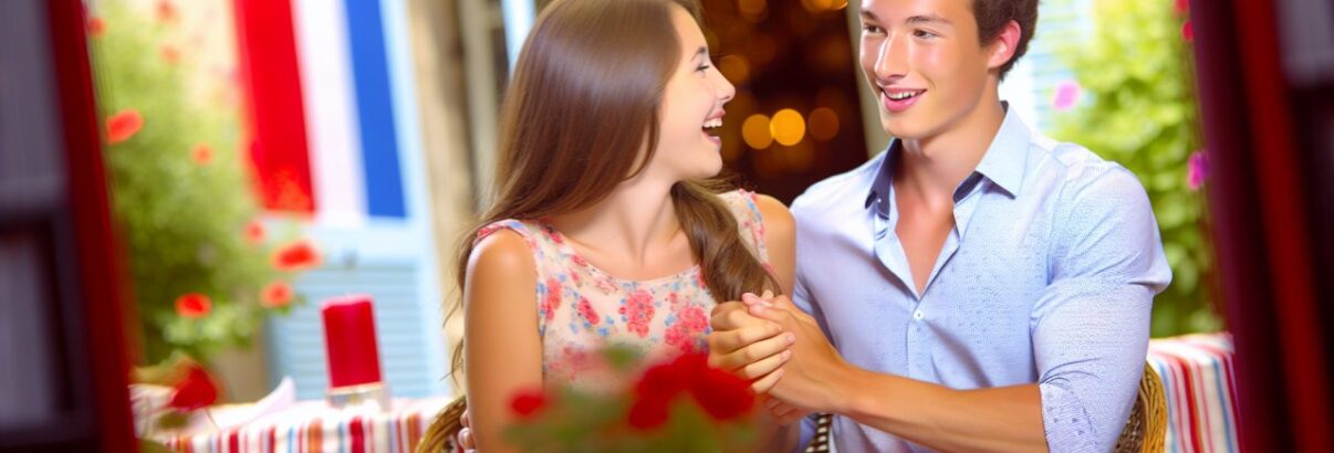 Un jeune couple se tenant la main, se regardant amoureusement tout en se promenant dans un parc.