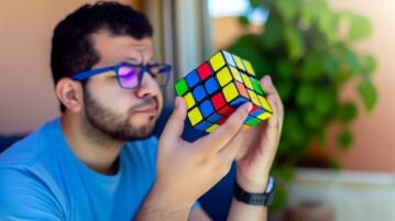 zoom sur un homme qui joue avec un Rubik's Cube