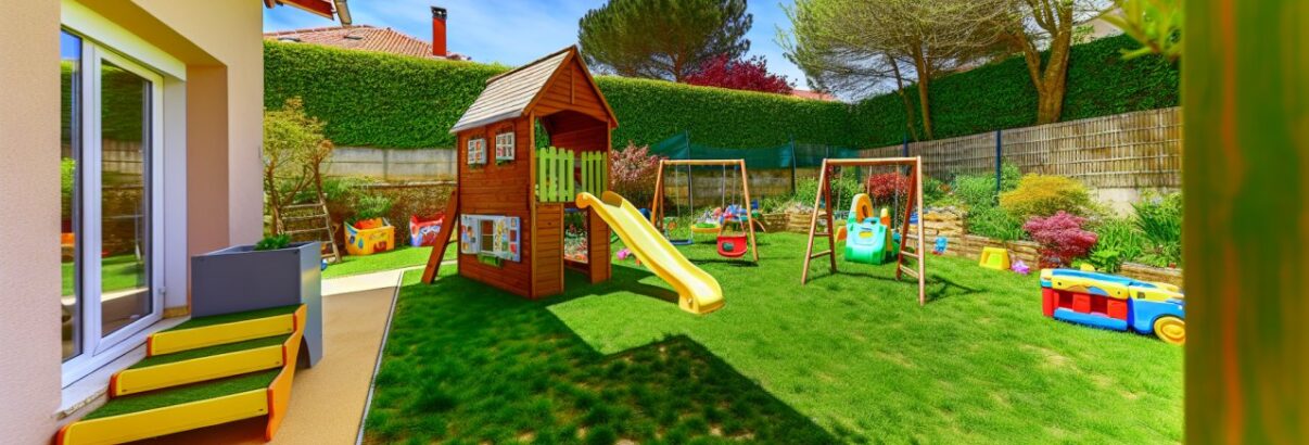 Un jardin spacieux avec un coin enfant bien aménagé comprenant une petite cabane en bois, un toboggan, une balançoire et des jouets d'extérieur.