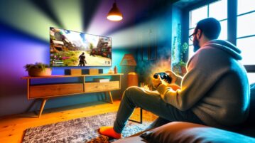 Une personne utilisant une manette de jeu devant un écran de télévision affichant un jeu en streaming.