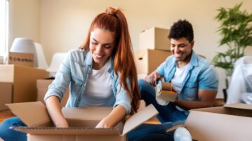 un couple en plein déménagement fait des cartons