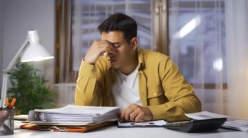 un homme fatigué à son bureau regarde tous ses dossiers à traiter