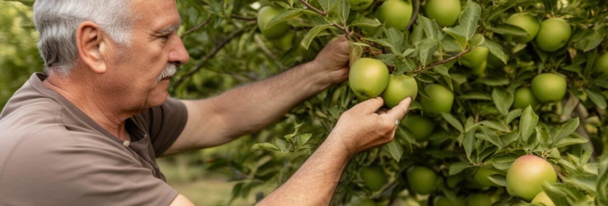 un homme s'occupe de ses arbres fruitiers