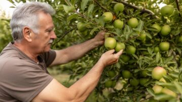 un homme s'occupe de ses arbres fruitiers
