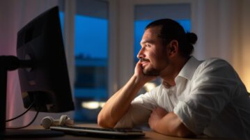 un homme rêve devant son ordinateur