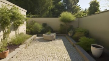 jardin avec une terrasse en pierre naturelle. Pas de gazon, pas de pelouse