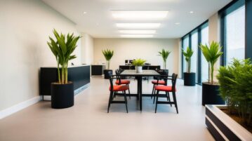 salle de pause d'une entreprise avec des belles plantes par terre