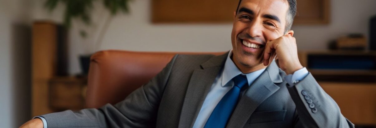 un businessman heureux assis dans un fauteuil, on ne voit pas ses main