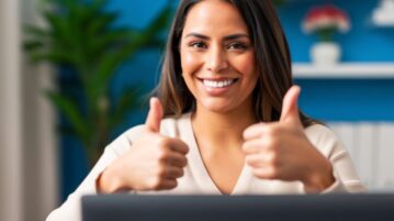 une femme contente devant sur ordinateur lève le pouce
