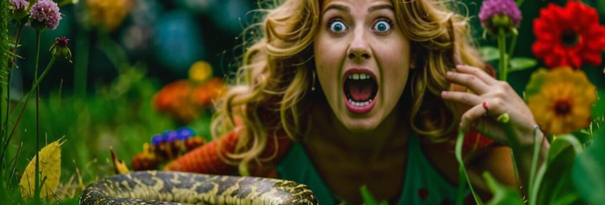 Femme qui a peur d’un serpent dans son jardin