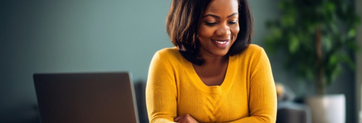une femme regarde ses comptes avec le sourire
